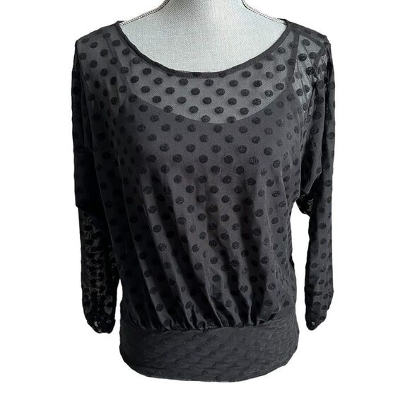 Stitch Fix Lush Top Womens XS Black Polka Dot Mesh Long Sleeve Cami NWT - Picture 1 of 5